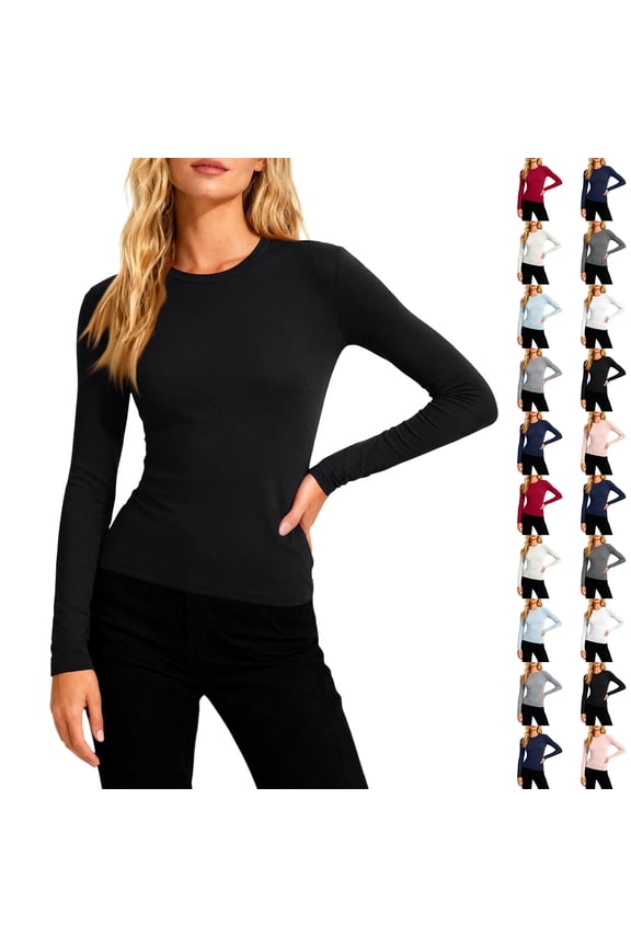 Womens Long Sleeve Underscrubs T-Shirts Crew Neck Slim Basic Shirts Knit Fitted Casual Tops Black L