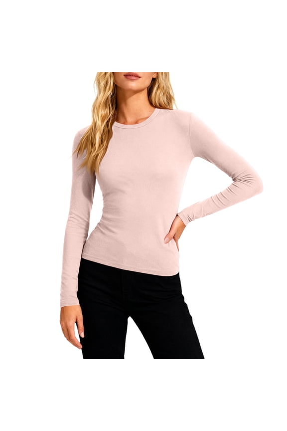 Womens Long Sleeve Underscrubs T-Shirts Crew Neck Slim Basic Shirts Knit Fitted Casual Tops Pink L