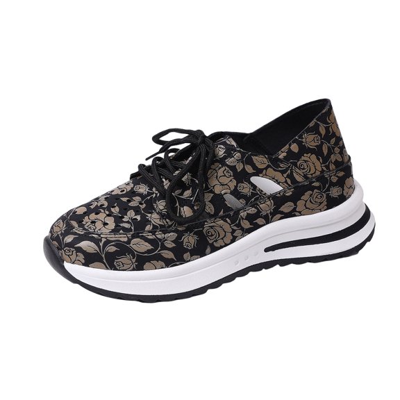 LTTVQM Womens Orthopedic Shoes Floral Print Lace-Up Hollow Out Running Shoes Comfortable Arch Support Athletic Casual Work Tennis Walking Sneakers Black 37(US-6.5)