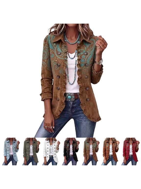 Womens Outerwear Vintage Paisley Floral Jacket Western Lapel Ruffle Trim Blazer Double-Breasted Long Sleeve Casual Shirt Coat