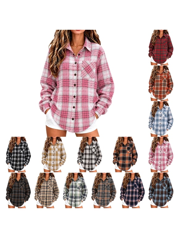 Womens Oversized Flannel Shirt Plaid Button Down Long Sleeve Fall Comfy Blouses with Pocket Loose Fit Casual Fashion Warm Going Out Travel Clothes