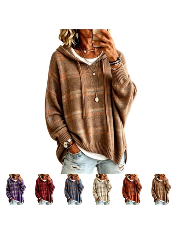 Womens Plaid Hooded Knit Sweater V Neck Drawstring Loose Long Sleeve Pullover Fall Casual Tops Soft Knit Hoodie Sweater for Daily Weekend Outfit