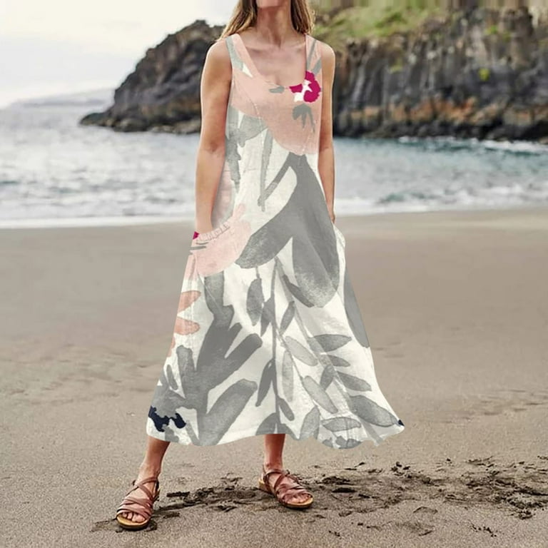 LTTVQM Womens Red Maxi Dress Summer Cotton Linen Dresses Plus Size Sleeveless Loose Maxi Dresses Trendy Floral Print Crew Neck Long Beach Flowy Casual Dresses with Pockets Walmart
