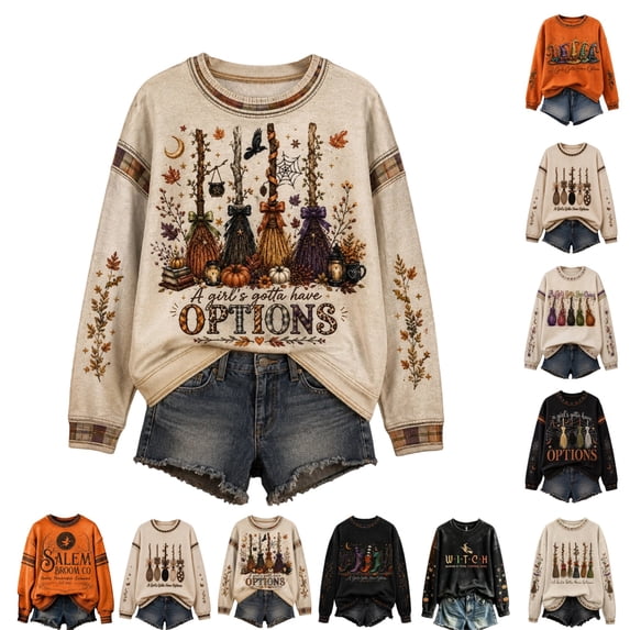 LTTVQM Womens Retro Halloween Sweatshirt Witch Salem Blood Moon Print Oversized Crew Neck Baggy Fit Soft Fabric For Halloween Cosplay Casual Street Outfit Blouses