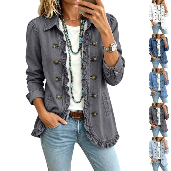 LTTVQM Womens Ruffled Long Sleeve Denim Jacket Button Down Open Front Cropped Jean Top Coat