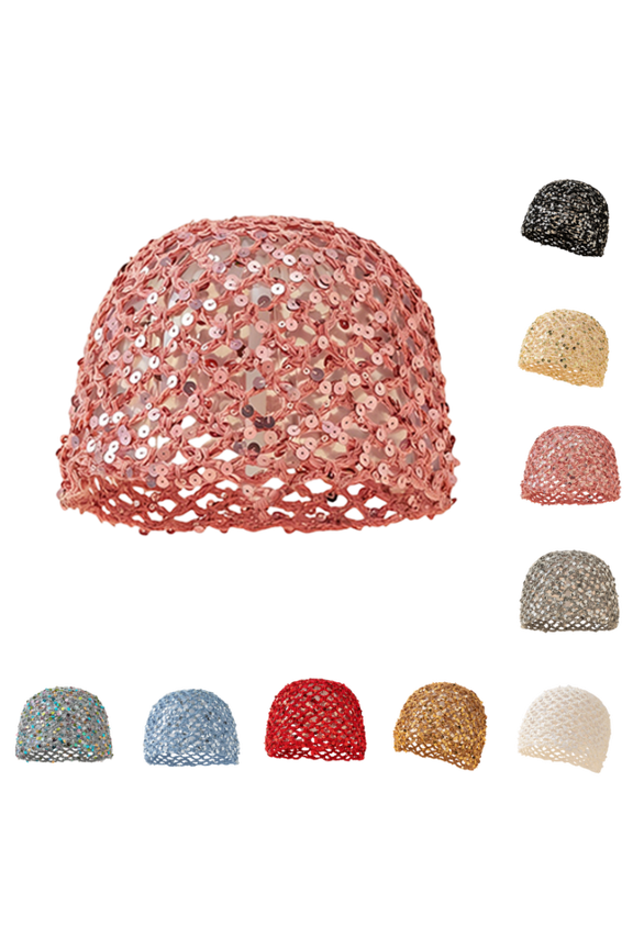Womens Sequin Crochet Hat Summer Knit Breathable Boho Stylish Beanie Skull Cap Sparkly Lightweight Glitter Hat for Party Travel Daily Wear Pink