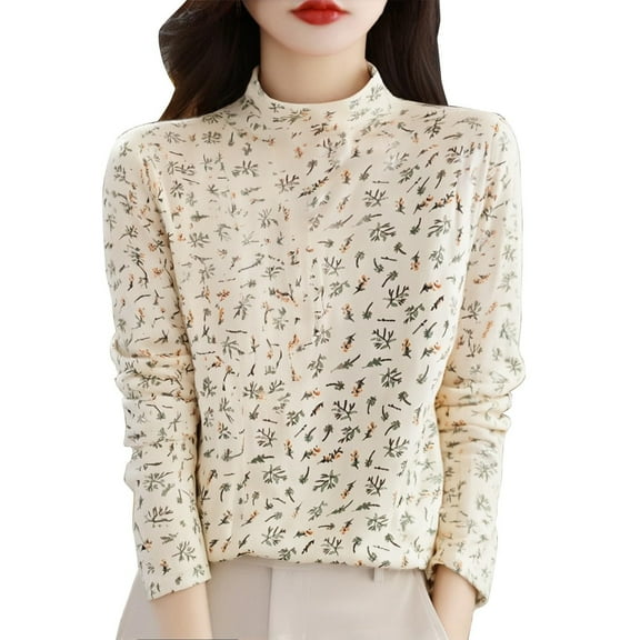 LTTVQM Womens Shirts Long Sleeve Winter Casual Floral Graphic Cotton Blouses Soft Mock Neck Holiday T Shirts Beige 2XL