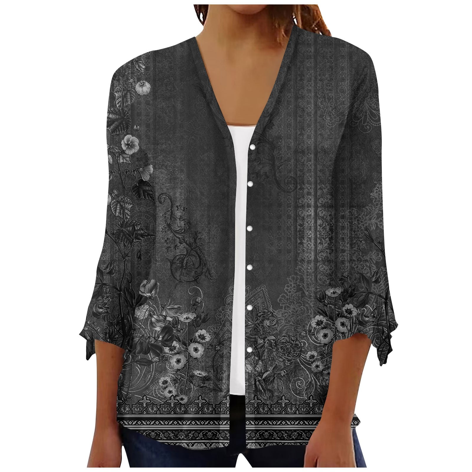 LTTVQM Womens Shrugs 3 4 Sleeve Cardigan Sweaters for Women Lightweight Button Down Open Front Shrug Cardigan Vintage Floral Print Dressy Draped Coat Jacket Black S Walmart