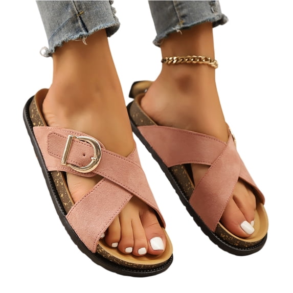 LTTVQM Womens Slide Sandals Arch Support Platform Open Toe Cork Footbed Flat Sandals Non-Slip Comfortable Adjustable Buckle Slippers for Daily Walking Pink 38(US-7)