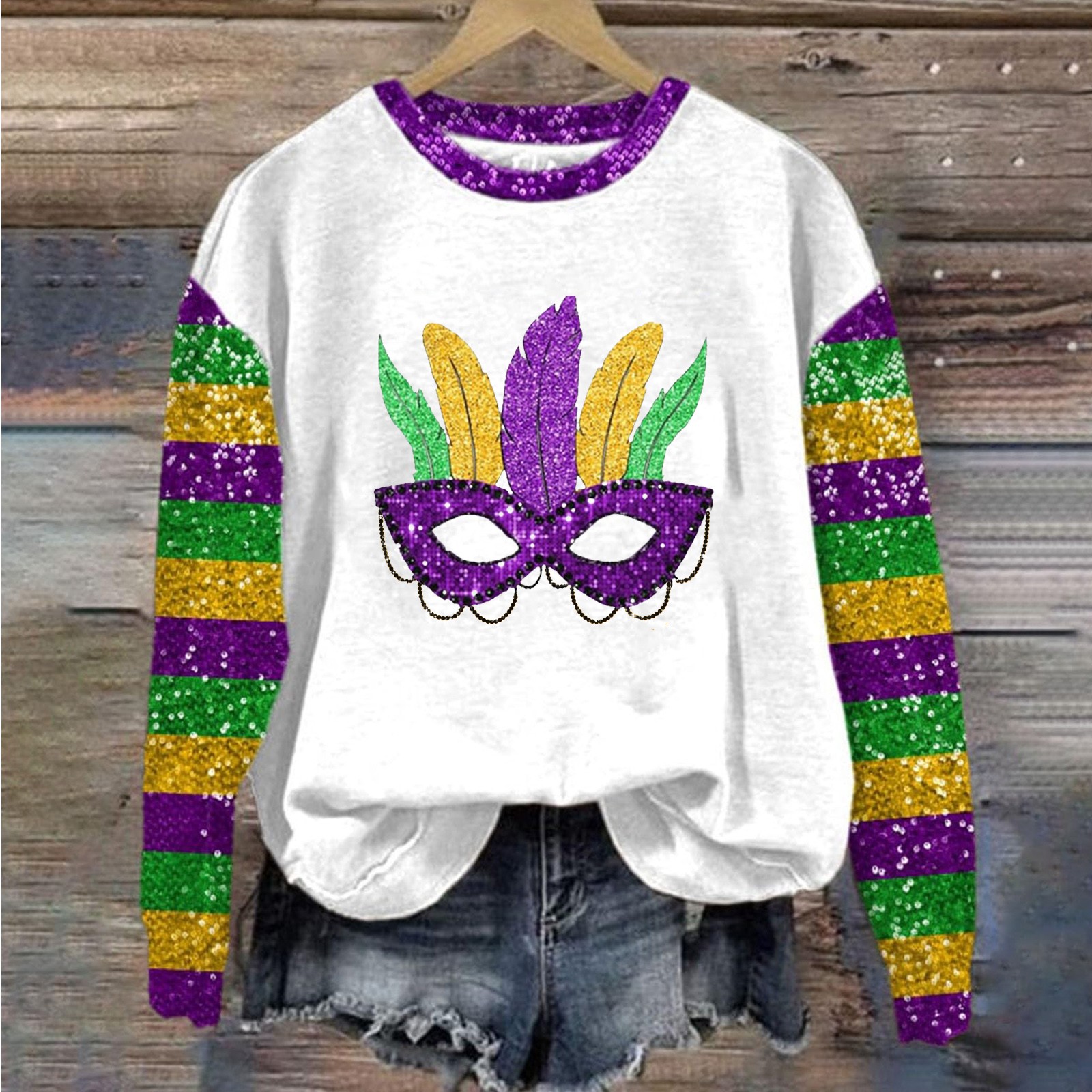 LTTVQM Womens Sweatshirts No Hood Mardi Gras Sequined Mardi Gras