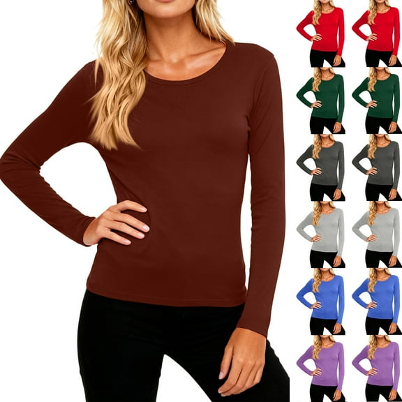 LTTVQM Womens Under Scrub Tee Ribbed Long Sleeve Crewneck Casual Slim Basic Shirts Fitted Knit Tops Wine XXL