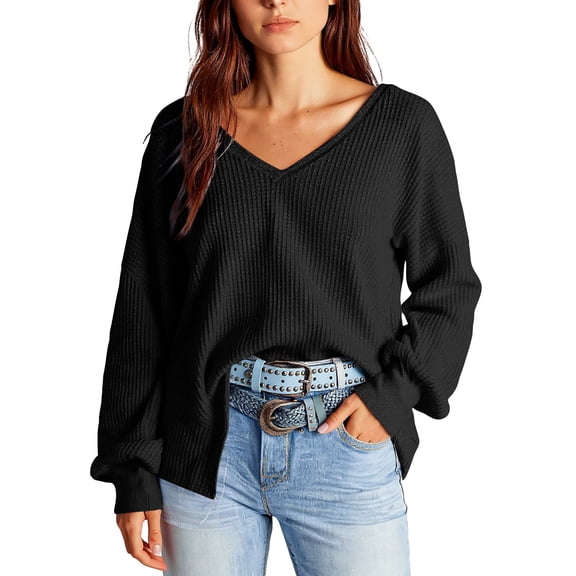 LTTVQM Womens Waffle Knit Tops Fashion 2026 Long Lantern Sleeve Casual Blouses V Neck Oversized T Shirts Black L