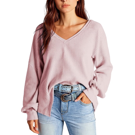 LTTVQM Womens Waffle Knit Tops Fashion 2026 Long Lantern Sleeve Casual Blouses V Neck Oversized T Shirts Pink L