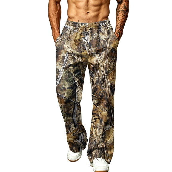 LTTVQM Woodland Camo Wide Leg Sweat Pants Mountain Backcountry Scenic Hunter Tree Leaf Camo All Over Tree Print Wrinkle Resistant Mens Everyday Wide Leg Full Length Trousers Camel XL