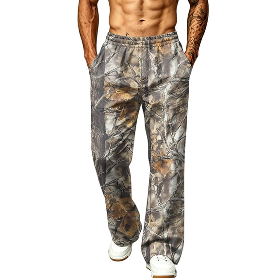 LTTVQM Woodland Camo Wide Leg Sweat Pants Weekend Rural Scenic Realtree Leaf Camo Relaxed Fit Drawstring Waist Mens Casual Wide Leg Full Length Trousers Earthy Yellow M