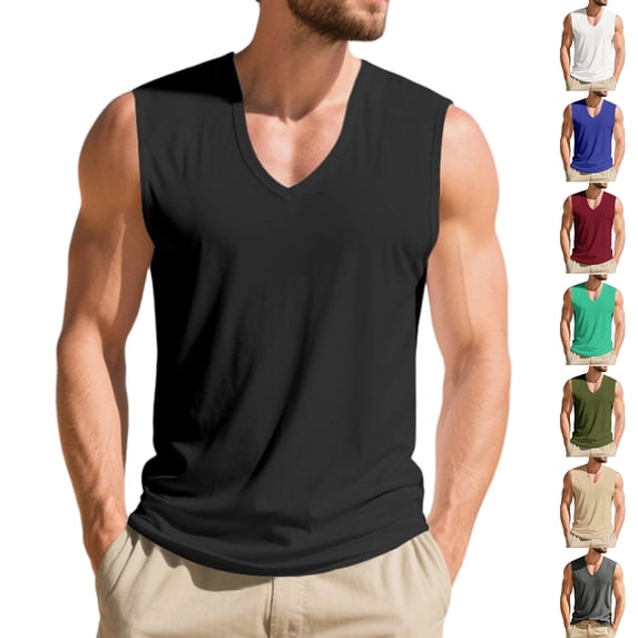 LTTVQM Workout Tank Tops for Men Sleeveless V Neck Shirt Comfort Stretchy Mens Muscle Shirts Athletic Beach Vacation Outfits Black 2XL