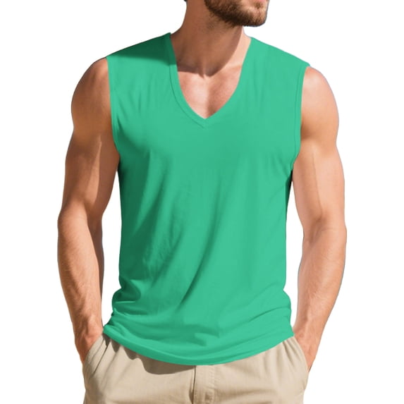 LTTVQM Workout Tank Tops for Men Sleeveless V Neck Shirt Comfort Stretchy Mens Muscle Shirts Athletic Beach Vacation Outfits Light Green 2XL