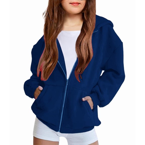 LTTVQM Zip Up Fall Hoodie for Girls Fleece Casual Full-Zip Sweatshirt Jacket Trendy Long Sleeve Hoodie Soft Outfits with Pockets Navy 12-13 Years