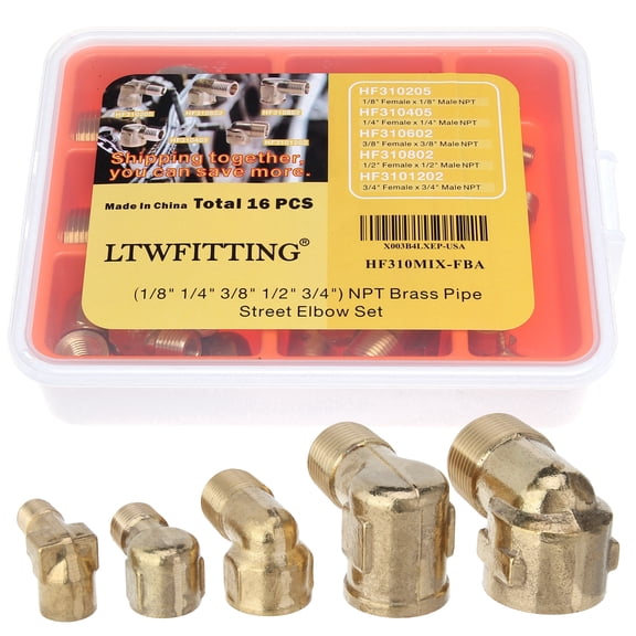 LTWFITTING Assortment Kit 1/8" 1/4" 3/8" 1/2" 3/4" NPT Brass Pipe Street Elbow Set (Pack of 16)