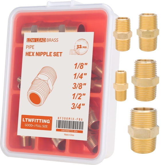 LTWFITTING Assortment Kit 1/8" 1/4" 3/8" 1/2" 3/4" NPT Male Brass Pipe Hex Nipple Set (Pack of 32)