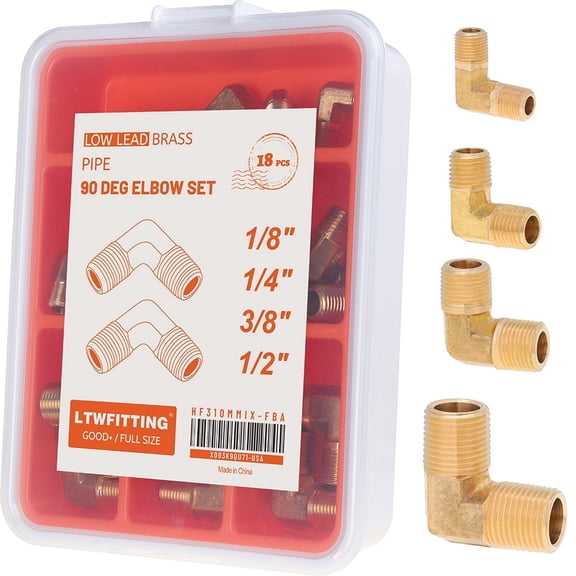 LTWFITTING Assortment Kit 1/8" 1/4" 3/8" 1/2" NPT Male Brass Pipe 90 Deg Elbow Set (Pack of 18)