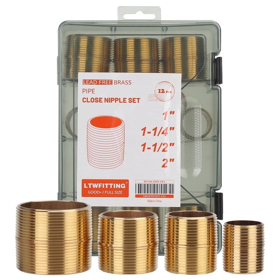 LTWFITTING Assortment Kit (1-Inch - 2-Inch) Close NPT Male Brass Pipe Close Nipple (Pack of 12)