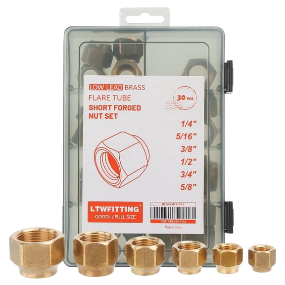 LTWFITTING Assortment Kit Tube OD 1/4" 5/16" 3/8" 1/2" 3/4" 5/8" Brass Flare Short Forged Nut Set (Pack of 30)