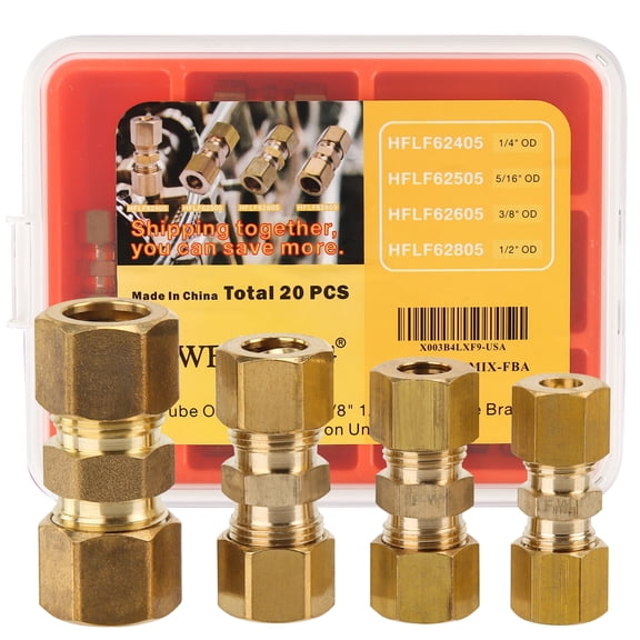 LTWFITTING Assortment Kit Tube OD 1/4" 5/16" 3/8" 1/2" LF Brass Compression Union Set (Pack of 20)