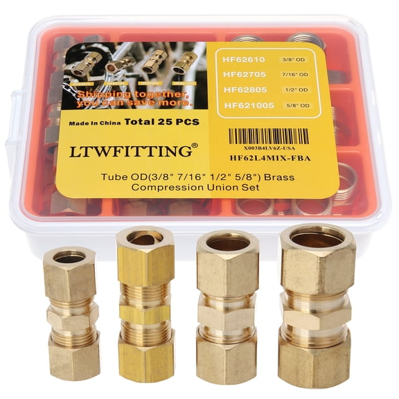 LTWFITTING Assortment Kit Tube OD 3/8" 7/16" 1/2" 5/8" Brass Compression Union Set (Pack of 25)