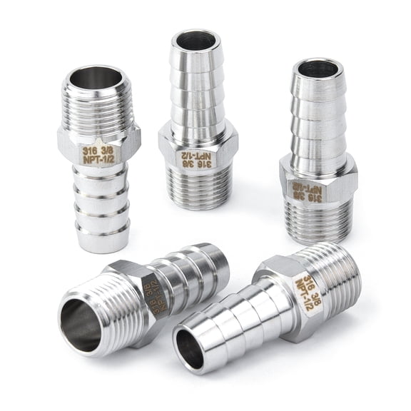 LTWFITTING Bar Production Stainless Steel 316 Barb Fitting Coupler/Connector 1/2" Hose ID x 3/8" Male NPT Air Fuel Water (Pack of 5)