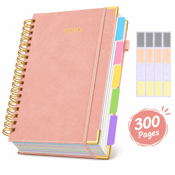 LU TANSHENG 8 x 10 in Hardcover 5-Subject Spiral Notebook, 300 College-Ruled Pages, Removable Dividers, Pink