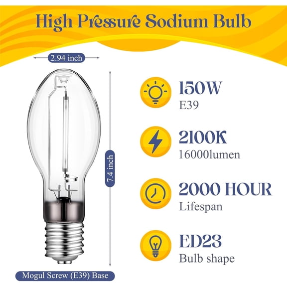 LU150/MOG 150 Watt High Pressure Sodium Light Bulb, Mogul Base (E39) Light Bulb, ANSI Code S55, 2100K Outdoor Street Bulb, 20000 Life Hours