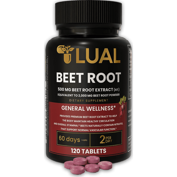 LUAL Beet Root Extract 500mg Supplement, 120 Tablets. 4:1 Extract Equivalent to 2,000mg Beet Root Powder, General Wellness & Daily Stamina Support, Non-GMO, Gluten Free