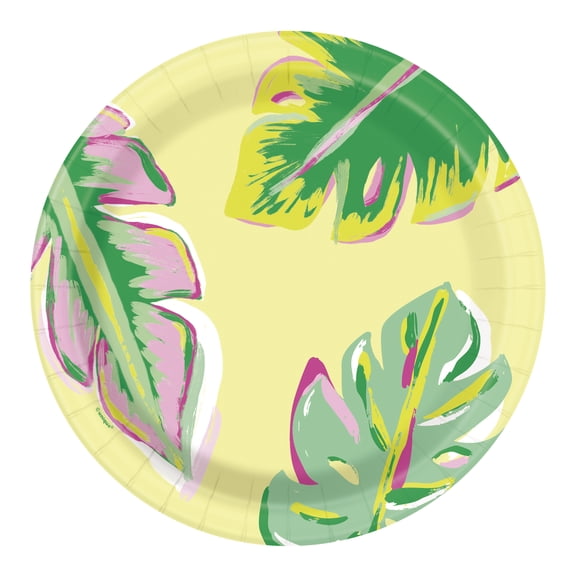 30CT 9IN Leaves Tableware Plate, Yellow, Pink, and Green, Luau by Way To Celebrate
