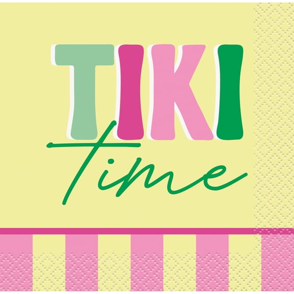 45CT Tiki Time Tableware Beverage Napkin, Yellow, Pink, and Green, Luau by Way To Celebrate