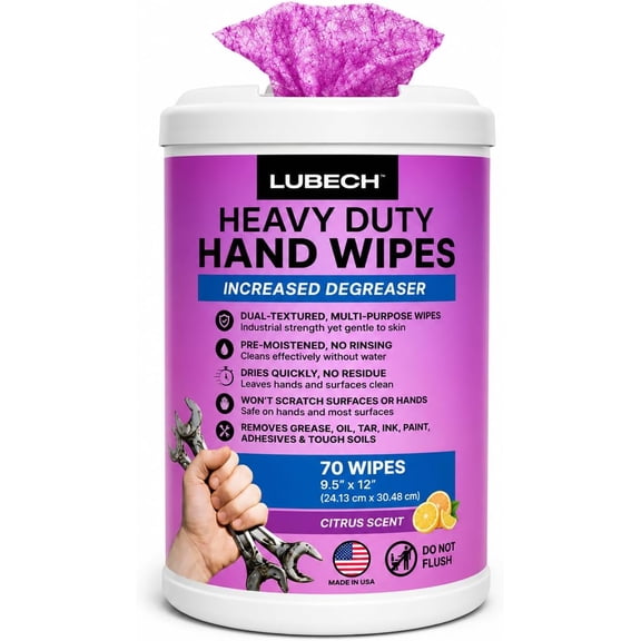 LUBECH Heavy Duty Hand Wipes, 1-Pack, 70 Total Wipes Dual-Textured Pre-Moistened Degreasing Wipes for Grease, Oil, Paint & Ink Industrial Wipes for Hands, Tools & Surfaces Citrus Scent