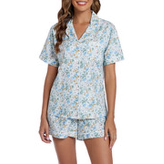 LUBOT 100% Cotton Pajamas for Women 2 Piece PJ Set Woven Poplin Ladies Button Down Short Sleeve Summer Sleepwear Peony M