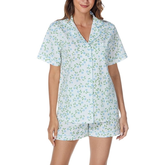 LUBOT 100% Cotton Pajamas for Women 2 Piece PJ Set Woven Poplin Ladies Button Down Short Sleeve Summer Sleepwear Blue Blooms S