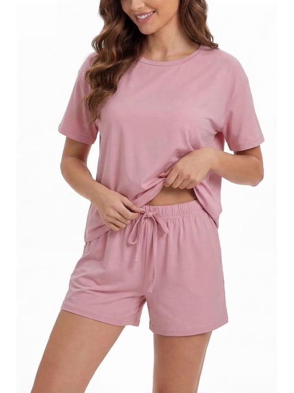 2026 Bamboo Viscose+Cotton Pajamas for Women Soft PJ Set 2 Piece Cooling Short Sleeve Summer Nightwear Sleepwear Pink 2XL