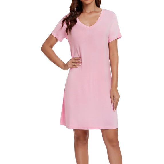 LUBOT Nightgowns for Women Bamboo Viscose Soft Cooling Breathable Short Sleepshirts Sleepwear V Neck Night Gown Shirt Dress Light Pink M