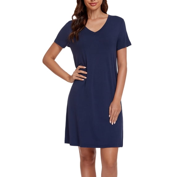 LUBOT Nightgowns for Women Bamboo Viscose Soft Cooling Breathable Short Sleepshirts Sleepwear V Neck Night Gown Shirt Dress Navy Blue XL