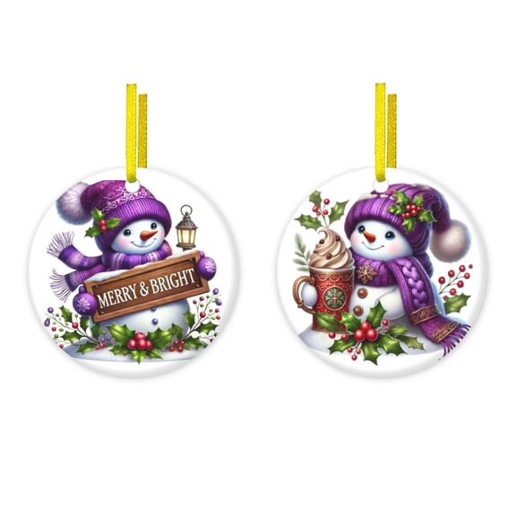 LUBUBU DIY Printed Christmas Creative Pattern Design Home Decoration Ceramic Pendant Two-piece Set (Double-sided Printing)-Purple Snowman