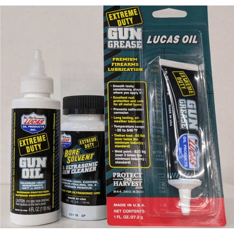 Lucas Gun Bore Cleaner & Extreme Duty Gun Oil & Cleaning Patches Kit for 9mm - 45 Caliber Made in The USA