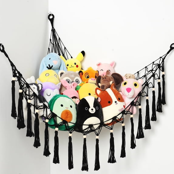 LUCKDEER Kids Hanging Stuffed Animal Storage Holder Corner Mount with 10 LED Bulbs, Black