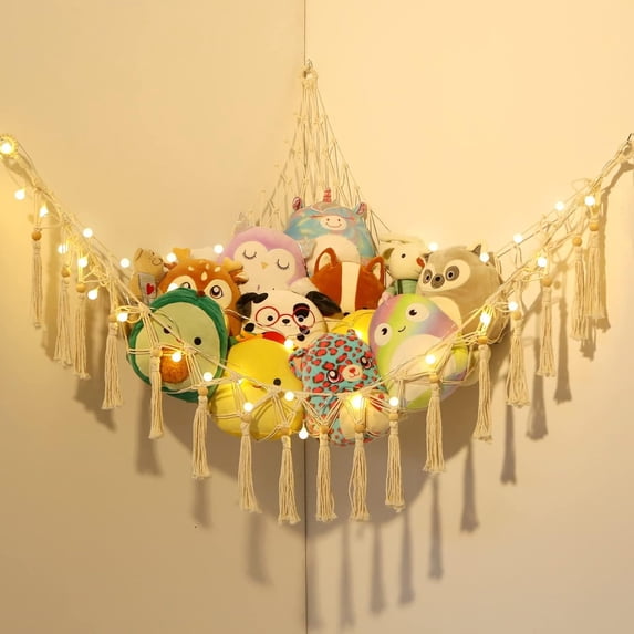 LUCKDEER Stuffed Animal Hammock Macrame Boho Plush Toy Net Hammock for Stuffed Animals with Light Pet Net for Stuffed Animals Corner Hanging Stuffed Animal Storage Holder Teddy Bear Net Kids Room