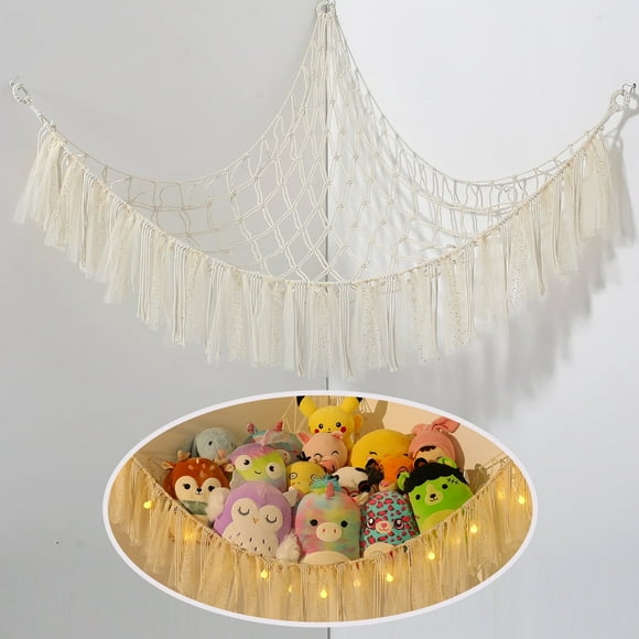 LUCKDEER Stuffed Animal Hammock with LED Light, Toy Hammock for Stuffed Animals Storage for Kids Room Decor, Stuffed Animal Hammock Corner, White