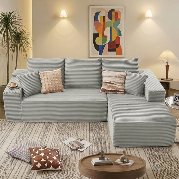 LUCKHAO 107" L-Shaped Cloud Sectional Sofa with Chaise,Modular Corduroy Upholstered Couch with Deep Seat,No Assembly Required,Modern Sofa for Living Room & Bedroom,Grey