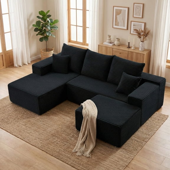 LUCKHAO 107"U-Shaped Modular Sectional Sofa with Ottoman,No Assembly Required,Deep Seat Corduroy Cloud Couch for Living Room & Bedroom,Black