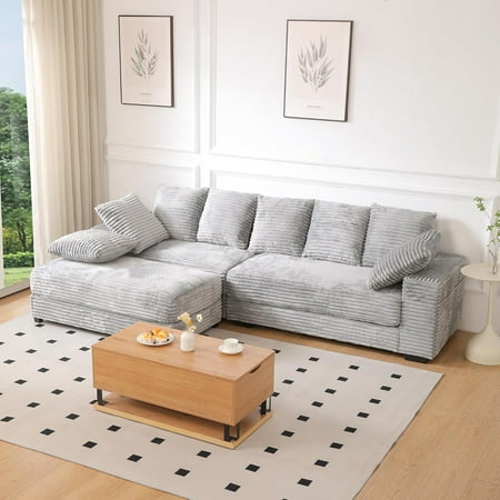 LUCKHAO 108.6" Corduroy Modular Sectional Sofa with Ottoman & Storage, Modern Deep-Seat L-Shaped Sectional with 8 Pillows, Cloud-Like Couch for Living Room, Apartment, or Office