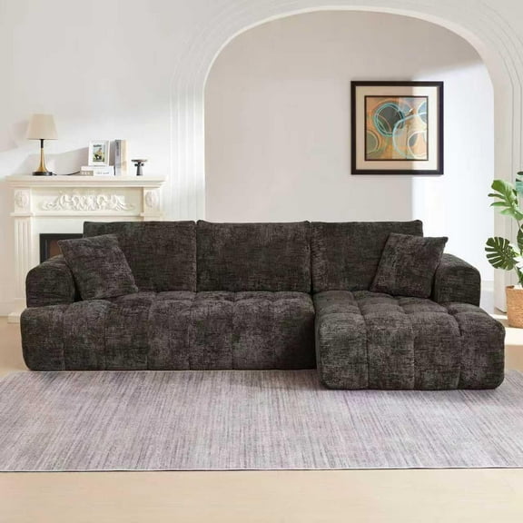 LUCKHAO 108" L-Shaped Modular Sectional Sofa with Chaise, Plush Chenille Fabric, No Assembly Required (Brown, Right Facing Chaise)